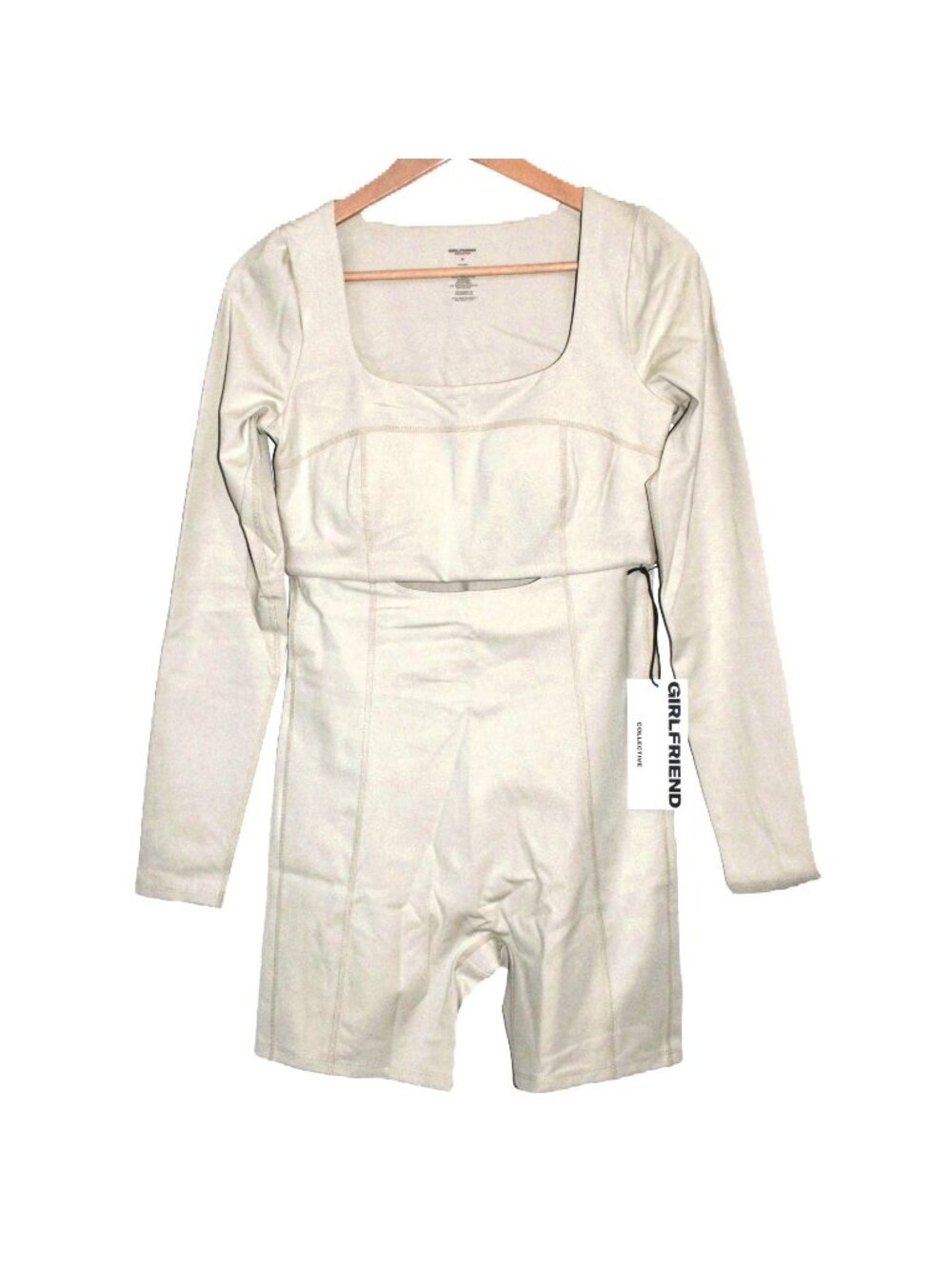 Girlfriend Collective Long Sleeve Cutout Unitard Bike Shorts Tan Medium #5023
